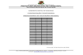 EDITAL 014/2016 - CONTRATAÇÃO TEMPORARIA PROFESSOR - GABARITO