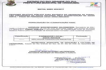 EDITAL SMEC 004/2017-PROCESSO SELETIVO BOLSISTAS-PNAIC-HOMOLOGAÇÃO FINAL