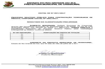 EDITAL 097/2017 - RESULTADO CLASSIFICAÇÃO PRELIMINAR - MEDICO