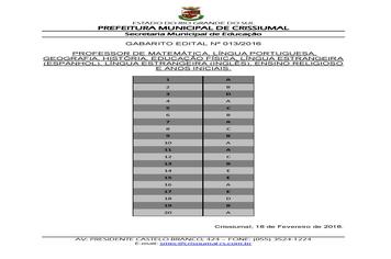 EDITAL 013/2016 - CONTRATAÇÃO 15 PROFESSORES - GABARITO