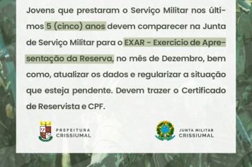 Comunicado da Junta Militar - EXERCÍCIO DE APRESENTAÇÃO DA RESERVA (EXAR) 2022   1. Período: de 9 a 16 de dezembro de 2022  2. Local:  - da 1ª a 4ª apresentação poderá ser feita na internet no site https://exarnet.eb.mil.br, ou Junta de Serviço Militar ma