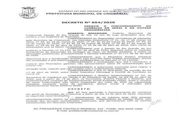 Decreto 054/2020-FUNCIONAMENTO COMÉRCIO
