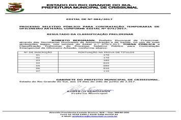 EDITAL 084/2017-CONTRATAÇÃO OFICINEIRO ARTESÃO-CLASSIFICAÇÃO PRELIMINAR