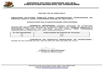 EDITAL 098/2017 - RESULTADO CLASSIFICAÇÃO PRELIMINAR - MEDICO CAPS