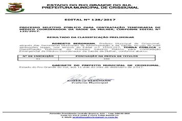 EDITAL 128/2017-PROCESSO SELETIVO MÉDICO-RESULTADO PRELIMINAR