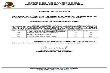 EDITAL 113/2017-AUXILIAR ODONTÓLOGO-HOMOLOGAÇÃO CLASSIFICAÇÃO FINAL