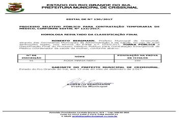 EDITAL 130/2017-PROCESSO SELETIVO MÉDICO-HOMOLOGAÇÃO FINAL