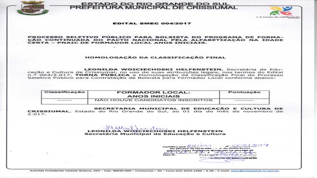 EDITAL SMEC 004/2017-PROCESSO SELETIVO BOLSISTAS-PNAIC-HOMOLOGAÇÃO FINAL
