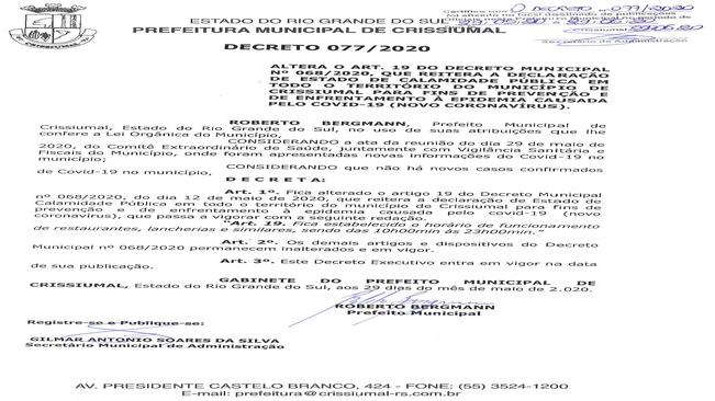 Decreto 077/2020-Horário Restaurantes e afins