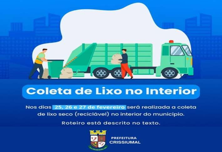 Nos dias 25, 26 e 27 de fevereiro será realizada a coleta de lixo seco (reciclável) no interior do Município, conforme roteiro a seguir: