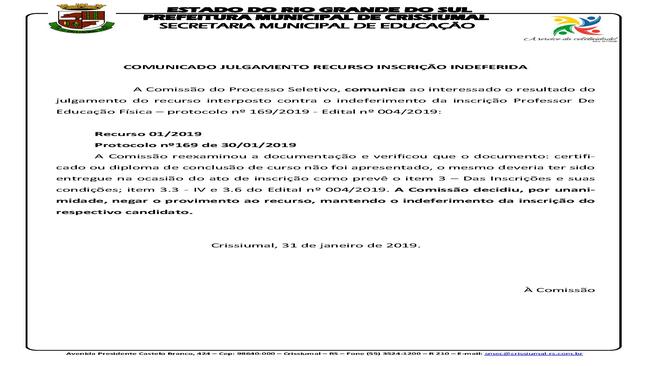 EDITAL 004/2019-JULGAMENTO RECURSO