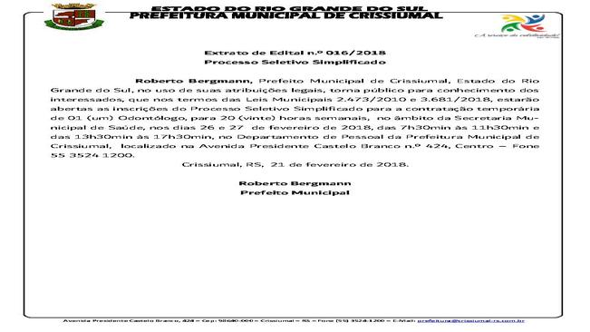 EXTRATO EDITAL 016/2018-PROCESSO SELETIVO SIMPLIFICADO