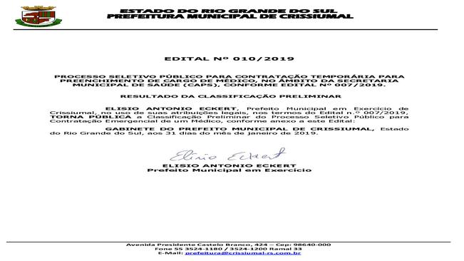 EDITAL 010/2019-MÉDICO-CLASSIFICAÇÃO PRELIMINAR