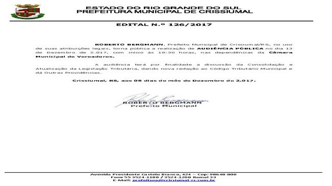 EDITAL 126/2017-AUDIÊNCIA PÚBLICA-CÓDIGO TRIBUTÁRIO MUNICIPAL