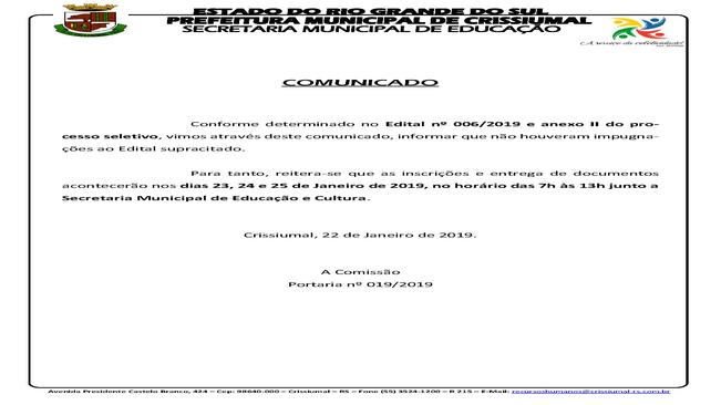 EDITAL 006/2019 - COMUNICADO