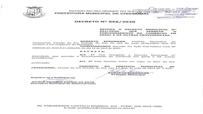 REVOGA DECRETO MUNICIPAL 054/2020