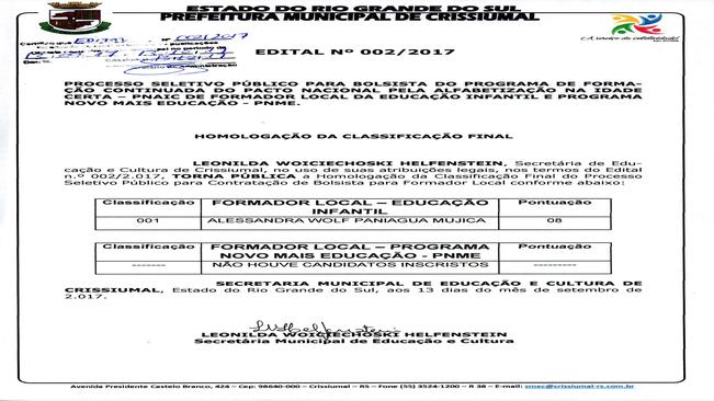 EDITAL 002/2017-PROCESSO BOLSISTA-PNAIC E PNME-HOMOLOGAÇÃO FINAL