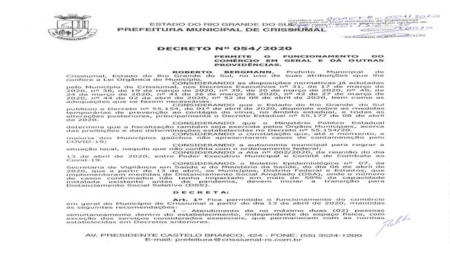 Decreto 054/2020-FUNCIONAMENTO COMÉRCIO